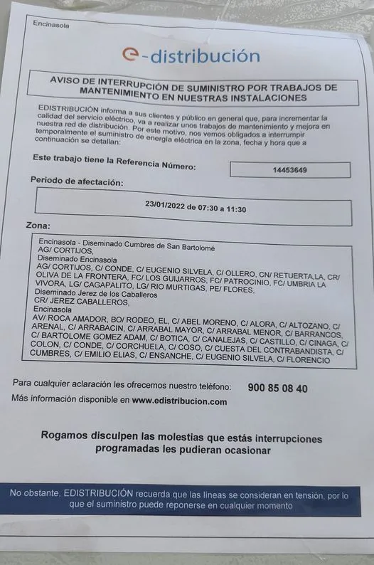 Aviso Interrupción del Suministro Electrónico por Realización de Mantenimiento e...