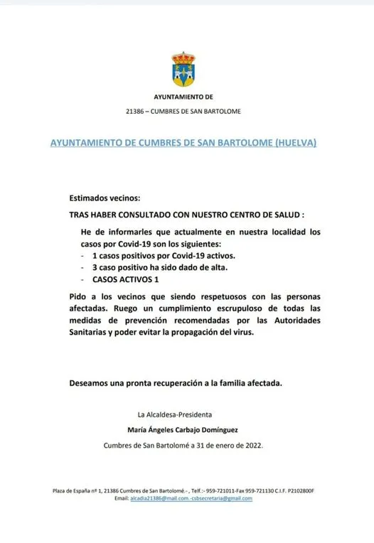 INFORMACIÓN COVID PERSONAS DADAS DE ALTA 3
 CASOS ACTIVOS 1
 DATOS OBTENIDOS DE ...