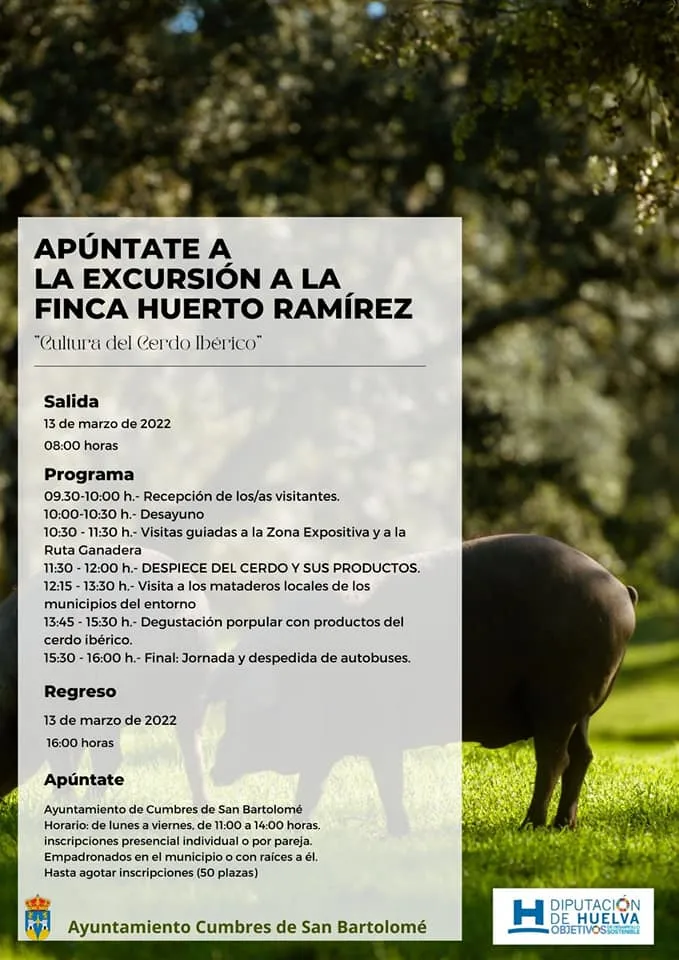 CULTURA DEL CERDO IBÉRICO
APÚNTATE A LA EXCURSIÓN.
FINCA HUERTO RAMÍREZ
DOMI...