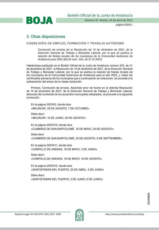 Días Festivos 2022 CUMBRES DE SAN BARTOLOMÉ