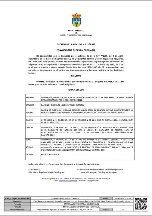 Convocatoria Sesión Pleno Ordinario
Resolución del Decreto de Alcaldía.