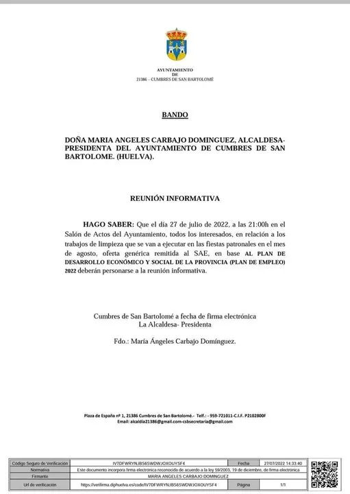 Se hace saber para el conocimiento general :
 27 de julio hora 21:00 horas 
 Reu...